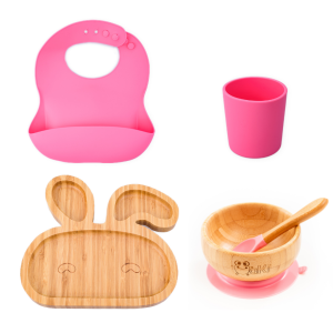 Set diversificare pentru copii - Castron si farfurie iepuras din bambus cu lingurita, pahar si baveta Oaki, roz