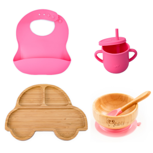 Set diversificare pentru copii - Castron si farfurie masinuta din bambus cu lingurita, cana cu pai si baveta Oaki, roz