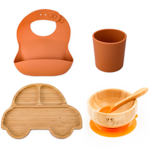Set diversificare pentru copii - Castron si farfurie masinuta din bambus cu lingurita, pahar si baveta Oaki, portocaliu