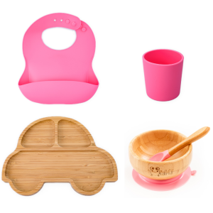 Set diversificare pentru copii - Castron si farfurie masinuta din bambus cu lingurita, pahar si baveta Oaki, roz