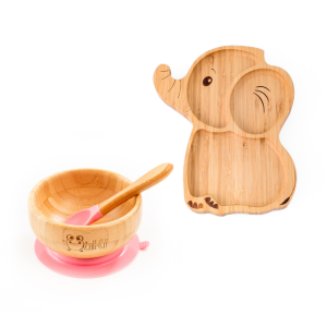Set diversificare pentru copii - Castron si farfurie elefant din bambus cu lingurita Oaki, roz