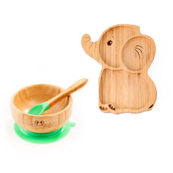 Set diversificare pentru copii - Castron si farfurie elefant din bambus cu lingurita Oaki, verde