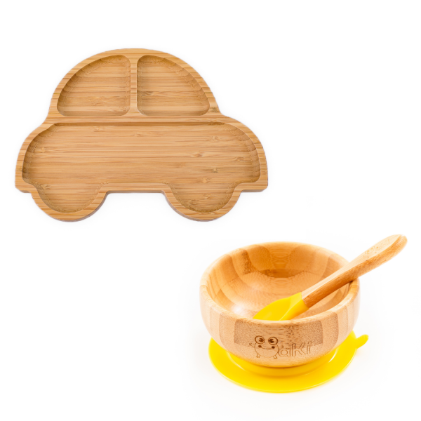 Set diversificare pentru copii - Castron si farfurie masinuta din bambus cu lingurita Oaki, galben