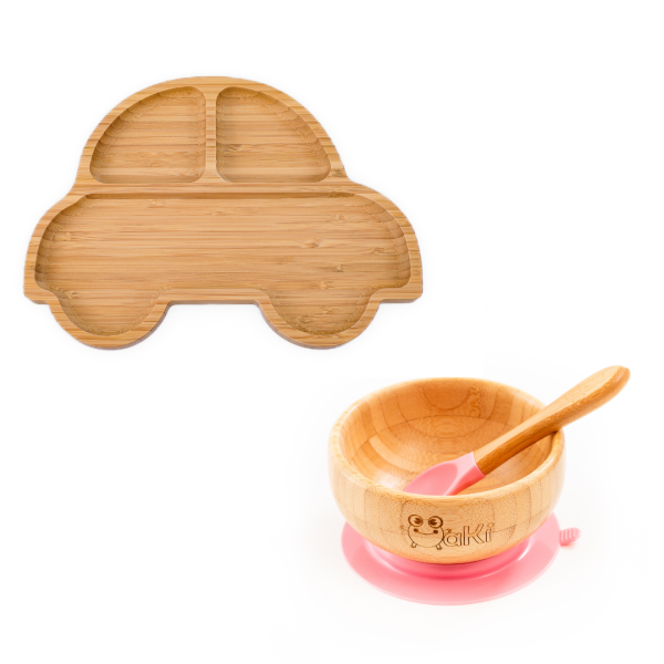 Set diversificare pentru copii - Castron si farfurie masinuta din bambus cu lingurita Oaki, roz