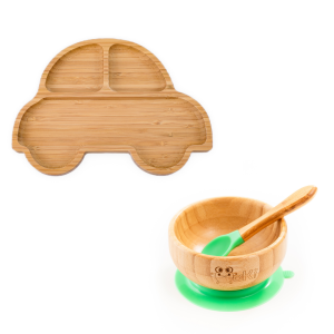 Set diversificare pentru copii - Castron si farfurie masinuta din bambus cu lingurita Oaki, verde