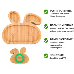 Set diversificare pentru copii - Castron si farfurie iepuras din bambus cu lingurita Oaki, verde